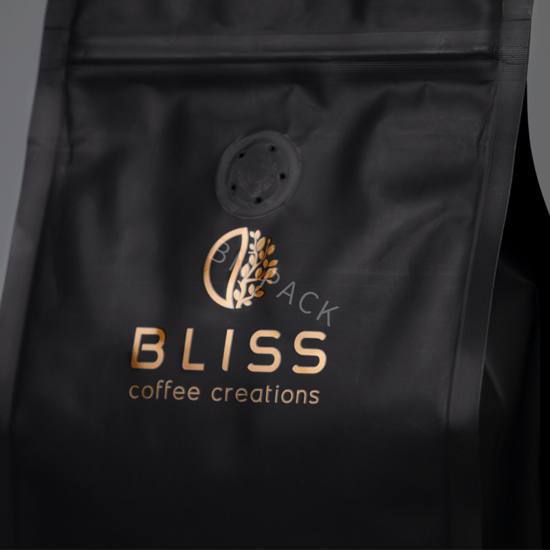 ถุงกาแฟย่อยสลายทางชีวภาพ Bio Pla พร้อมวาล์วและซิป ถุงบรรจุภัณฑ์กาแฟกระดาษแบบกำหนดเอง ถุงเมล็ดกาแฟก้นแบน 